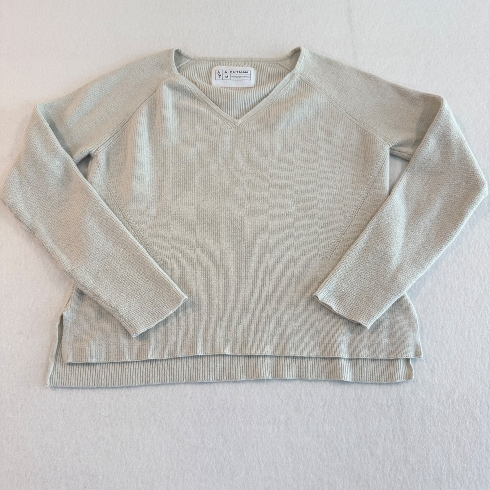 A. Putnam V-Neck Sweater Women Size Medium Cream Cotton Cashmere Blend